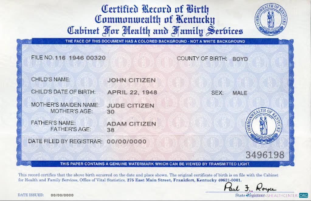 Download USA Kentucky birth certificate Photoshop template